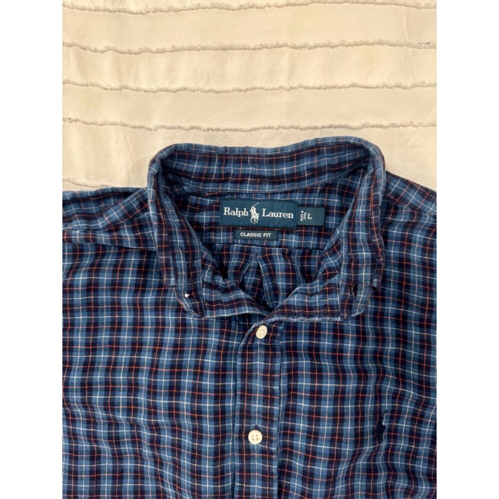 Ralph Lauren Classic Fit Blue Plaid Cotton Button Down Shirt Men's Large Preppy - Picture 4 of 16